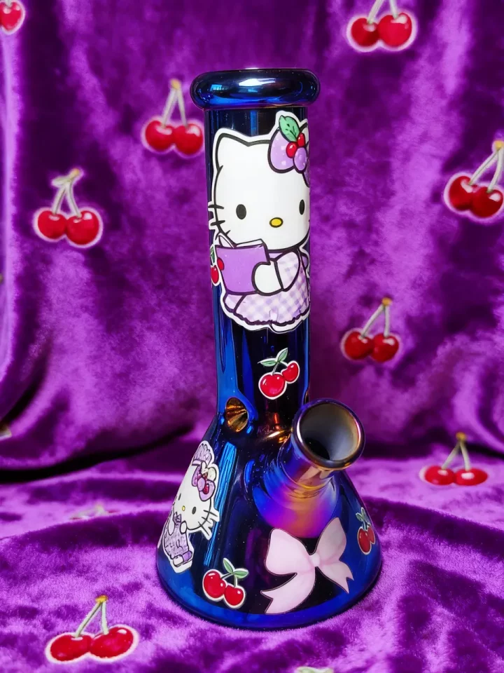 Hello Kitty “Deep Blue Chrome Cherry” Beaker Glass Bong | Cute, Bold, and Futuristic