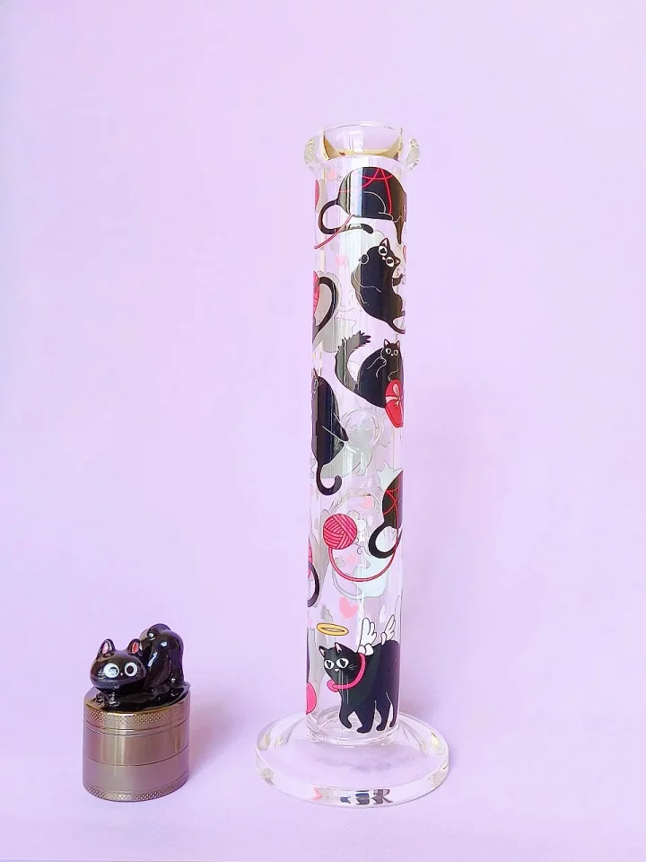 Playful Black Cats Straight Tube Glass Bong