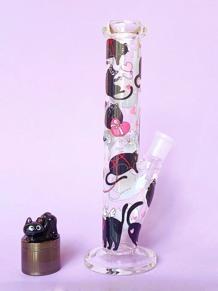 Playful Black Cats Straight Tube Glass Bong