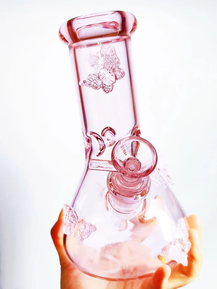 8" Fairy Soft Pink Butterflies Beaker Glass Bong