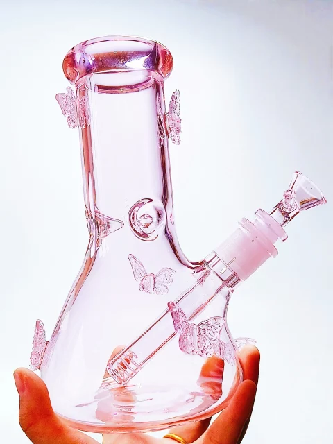 8" Fairy Soft Pink Butterflies Beaker Glass Bong