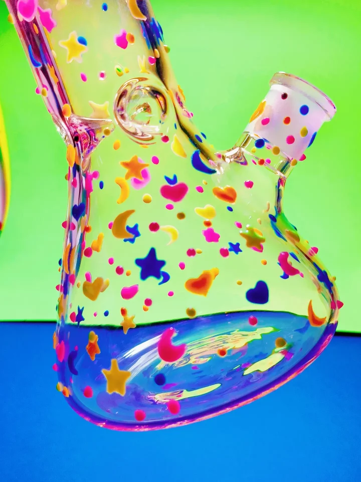Dreamy Pink Glass Bong with Stars, Moons, and Hearts