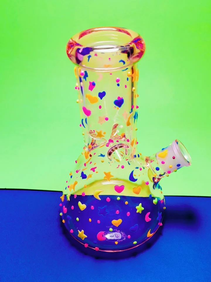 Dreamy Pink Glass Bong with Stars, Moons, and Hearts