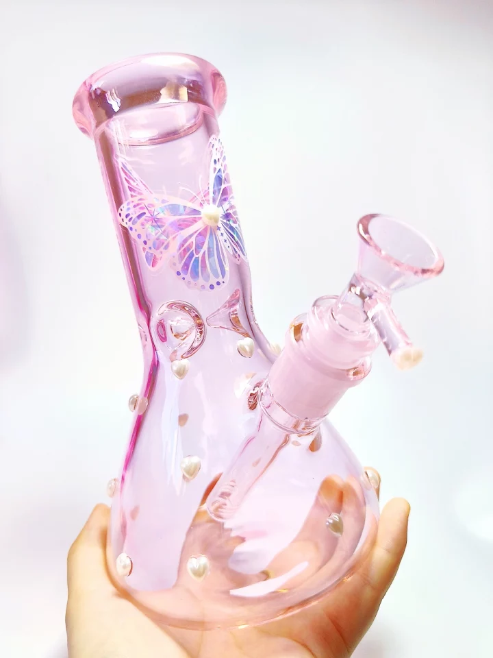 Pink Iridescent Butterfly Beaker Bong with Pearls
