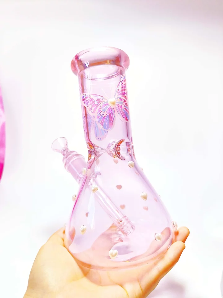 Pink Iridescent Butterfly Beaker Bong with Pearls