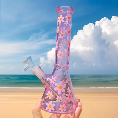 Pretty in Pink Daisy Glass Beaker Bong