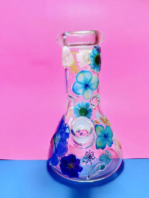Real Flower Glass Bong | Unique Blue & Pink Blooms