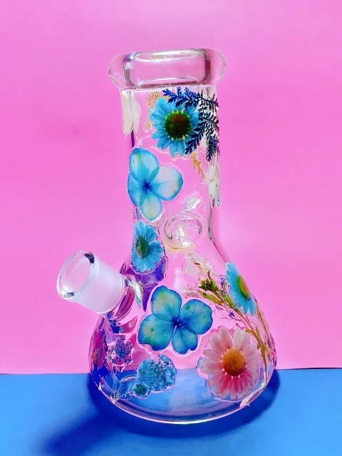 Real Flower Glass Bong | Unique Blue & Pink Blooms