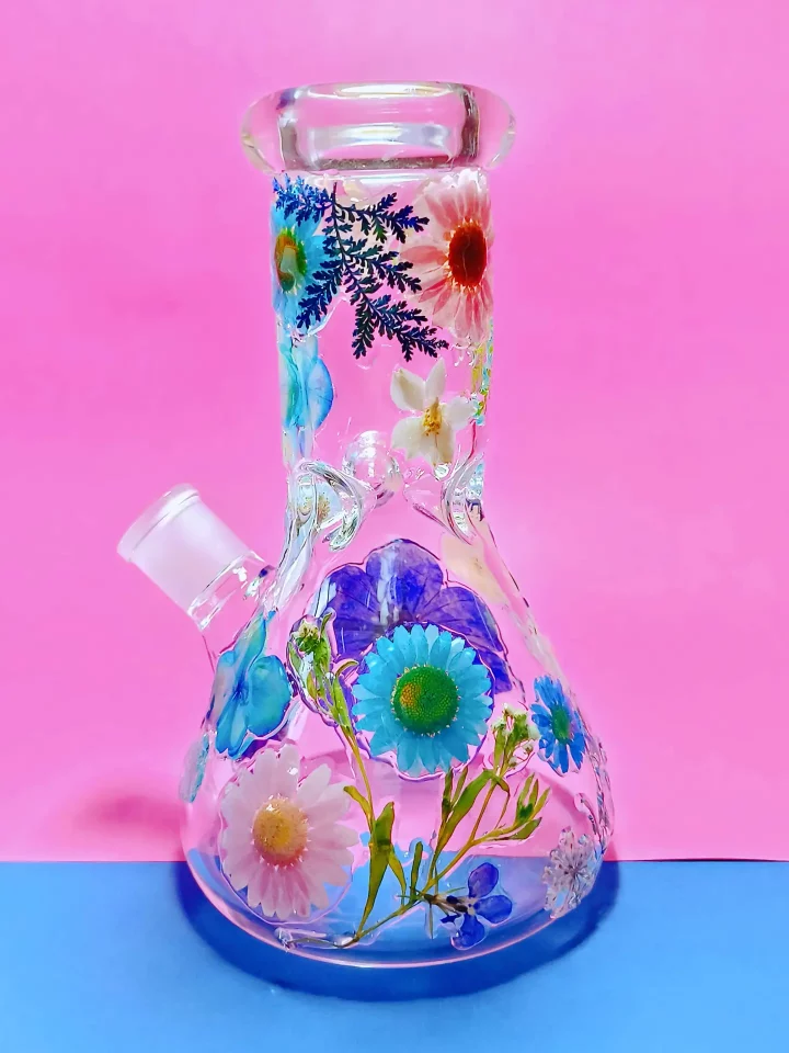 Real Flower Glass Bong | Unique Blue & Pink Blooms