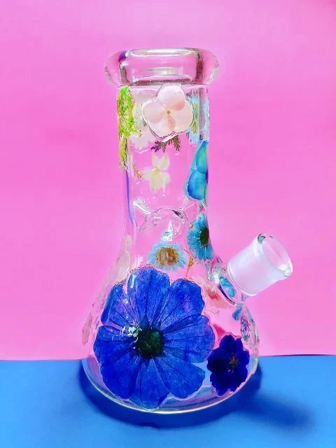 Real Flower Glass Bong | Unique Blue & Pink Blooms
