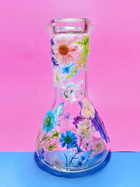 Real Flower Glass Bong | Unique Blue & Pink Blooms
