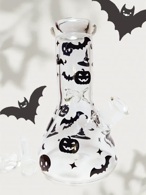 Clear Beaker Bong with Bold Black Halloween Decals