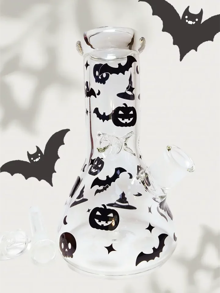 Clear Beaker Bong with Bold Black Halloween Decals