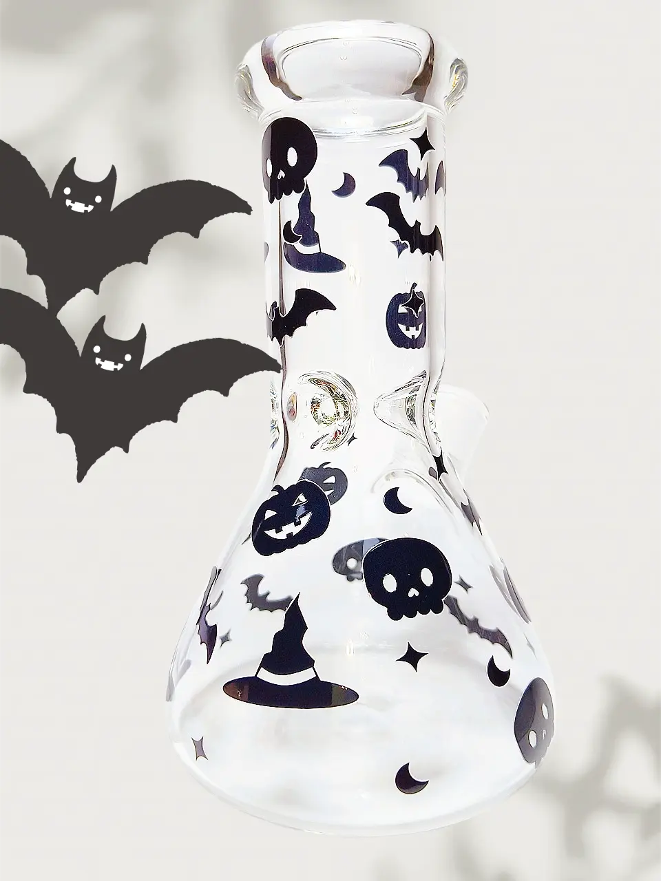 Clear Beaker Bong with Bold Black Halloween Decals