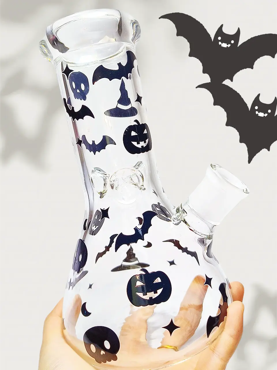 Clear Beaker Bong with Bold Black Halloween Decals