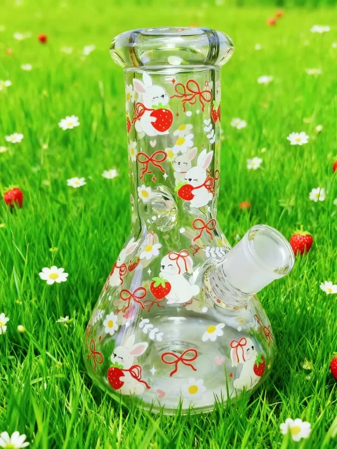 Strawberries & Daisies Country Bunny Glass Beaker Bong | Fresh, Cute, and Kawaii