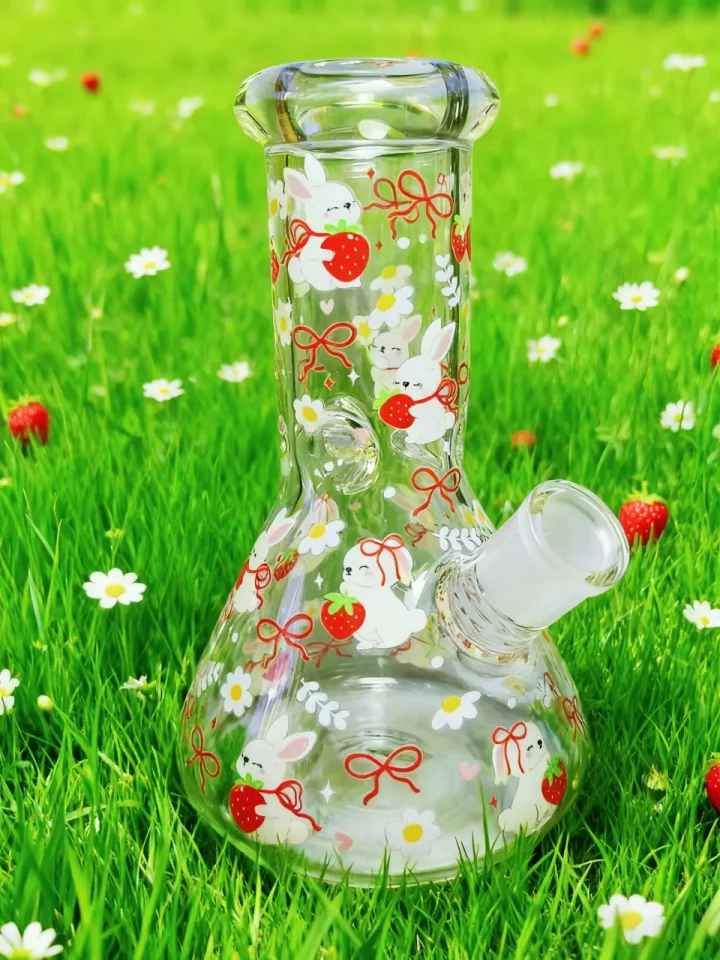Strawberries & Daisies Country Bunny Glass Beaker Bong | Fresh, Cute, and Kawaii