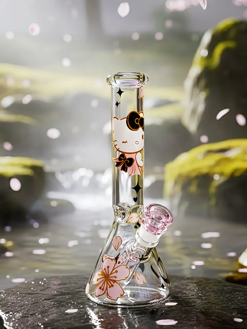 Black & Gold Hello Kitty Beaker Glass Bong | Elegant & Mysterious
