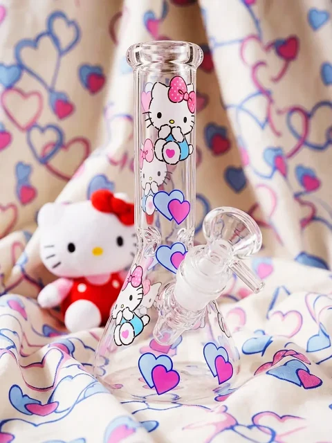 Hello Kitty Blue & Pink Heart Beaker Glass Bong Ice Crystal First Love