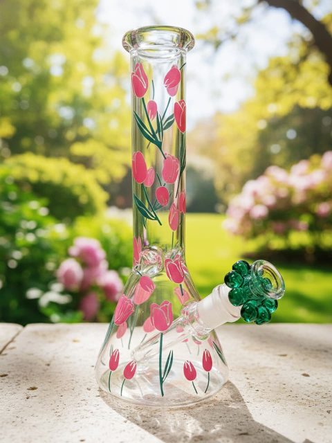 Pink Tulip Floral Beaker Glass Bong Elegant Spring Bloom Pink Tulip Floral Beaker Glass Bong Elegant Spring Bloom