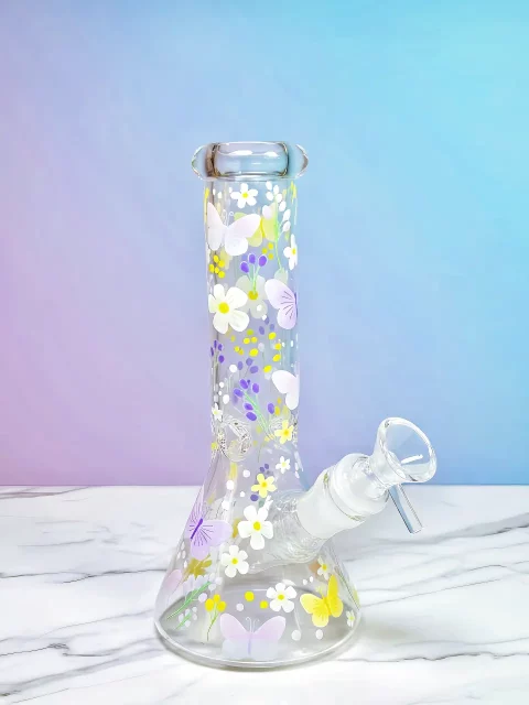 Healing Butterfly & Floral Beaker Glass Bong | Blooming Serenity