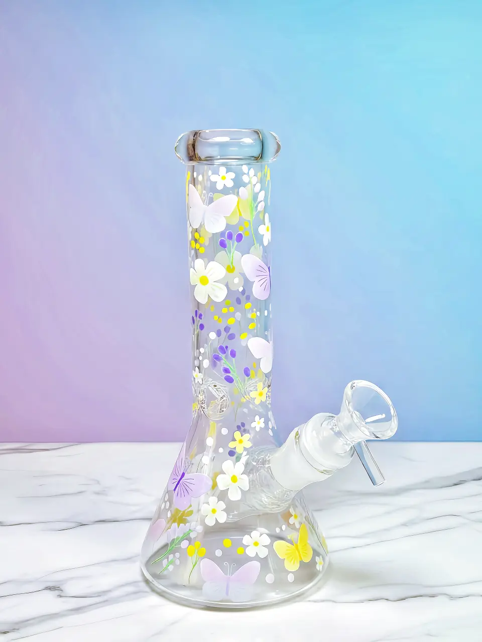 Healing Butterfly & Floral Beaker Glass Bong | Blooming Serenity