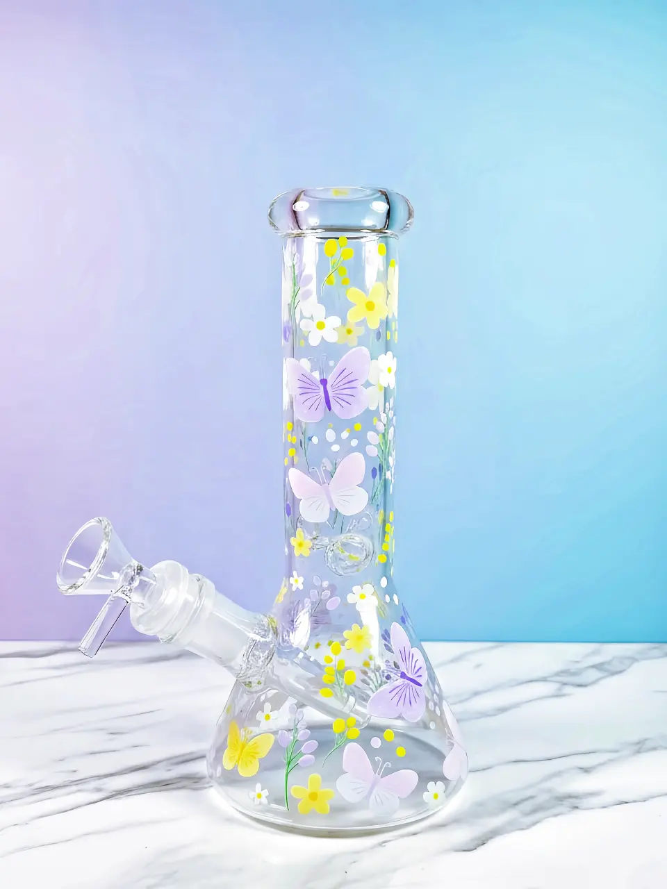 Healing Butterfly & Floral Beaker Glass Bong | Blooming Serenity