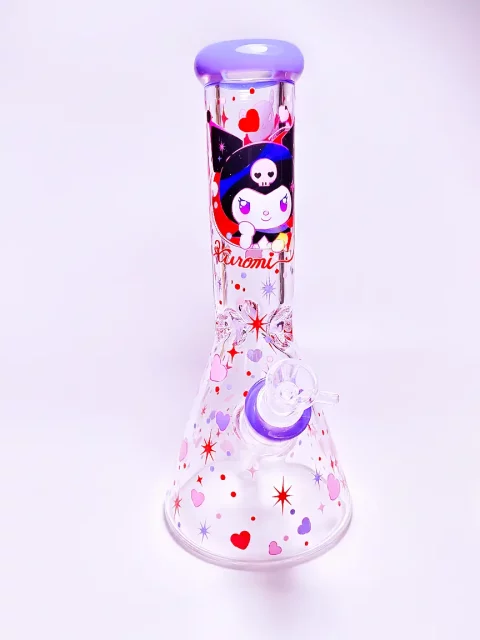 Kuromi Dark Sweetheart Beaker: Cute yet edgy glass bubbler with hearts, stars & purple accents. Perfect for fans of kawaii-rebel style!