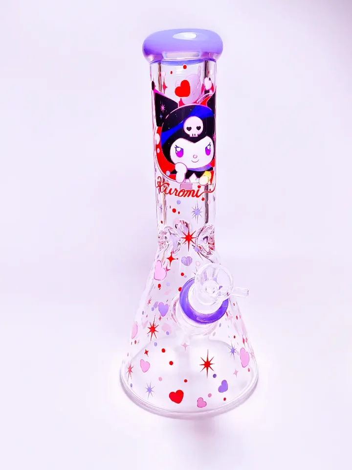 Kuromi Dark Sweetheart Beaker: Cute yet edgy glass bubbler with hearts, stars & purple accents. Perfect for fans of kawaii-rebel style!