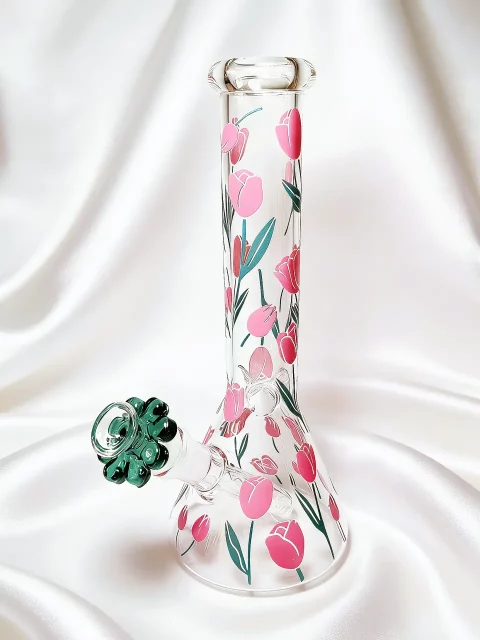 Pink Tulip Floral Beaker Glass Bong | Elegant Spring Bloom