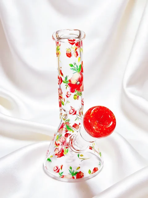 Vintage Red Poppy Beaker Glass Bong | Passionate Blooms