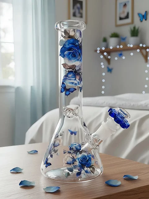 Blue Rose & Mystic Butterfly Beaker Glass Bong | Blue Dream Manor