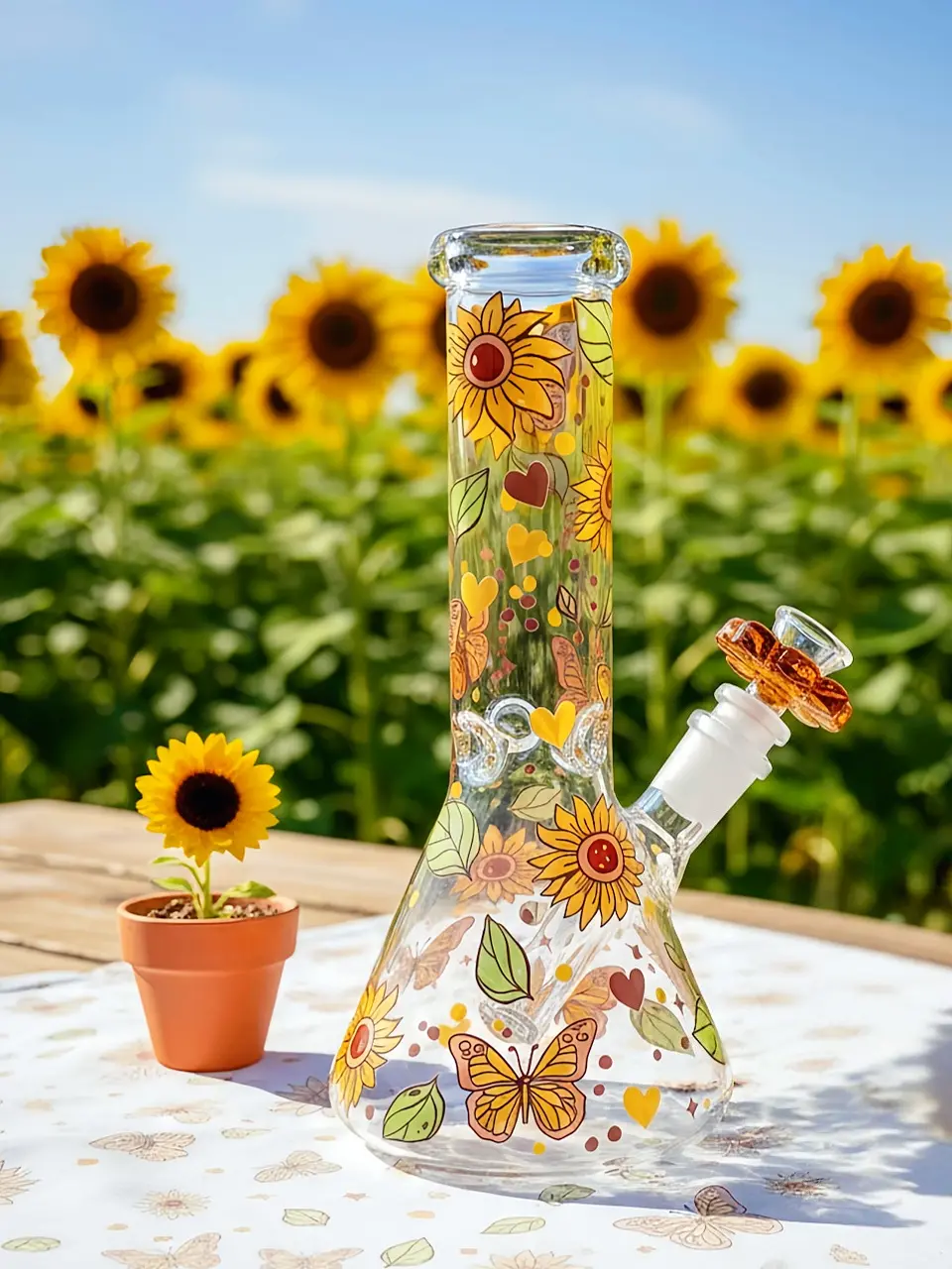 Bunflower & Butterfly Beaker Glass Bong | Autumn Garden Dream
