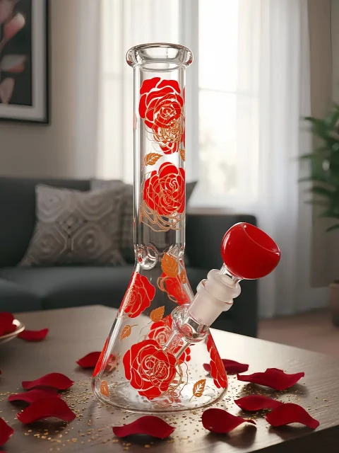 Golden-Edged Red Rose Beaker Glass Bong | Romantic Vintage Garden Golden-Edged Red Rose Beaker Glass Bong | Romantic Vintage Garden