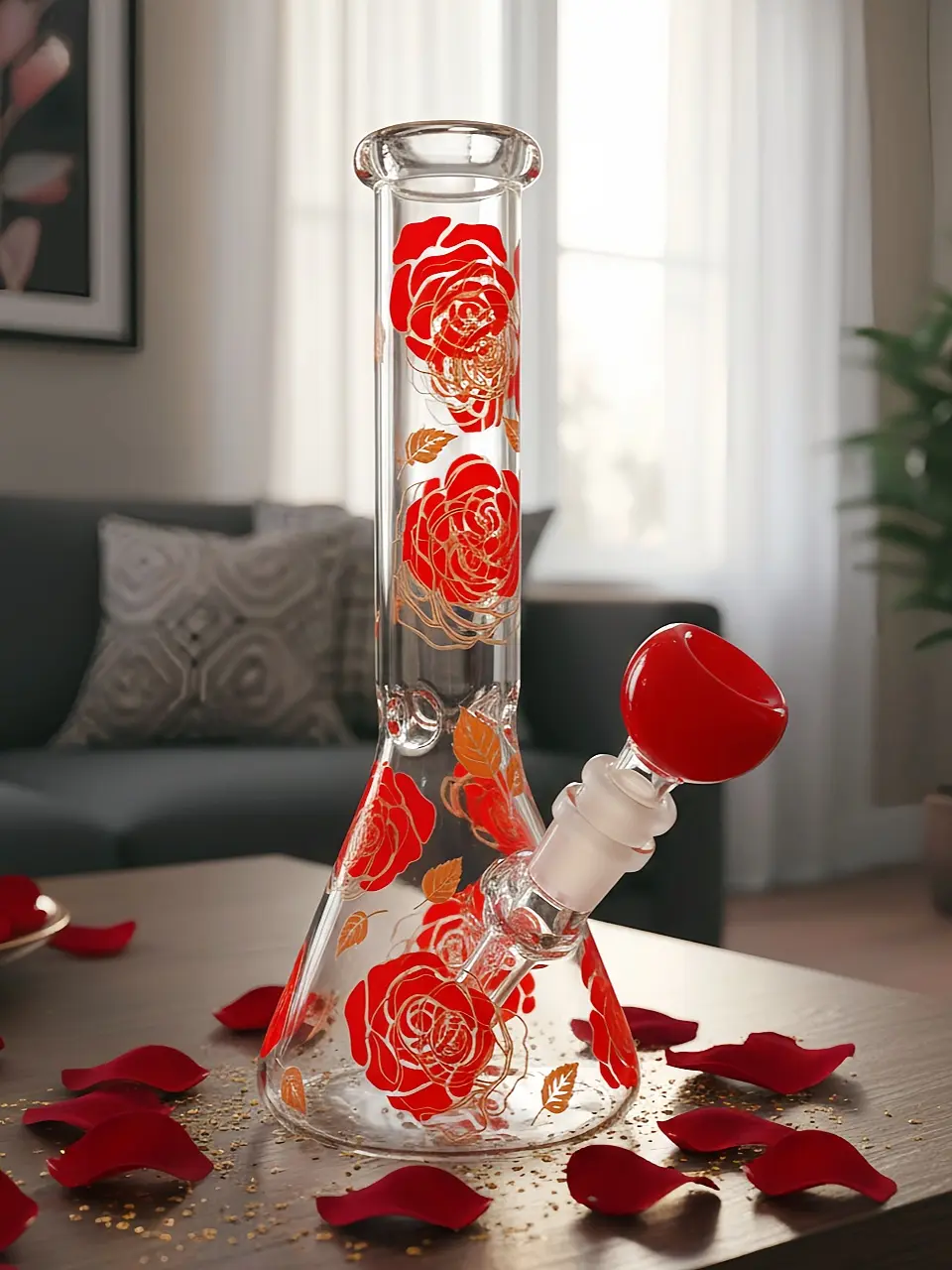 Golden-Edged Red Rose Beaker Glass Bong | Romantic Vintage Garden