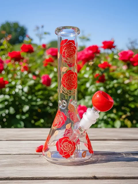 Golden-Edged Red Rose Beaker Glass Bong | Romantic Vintage Garden