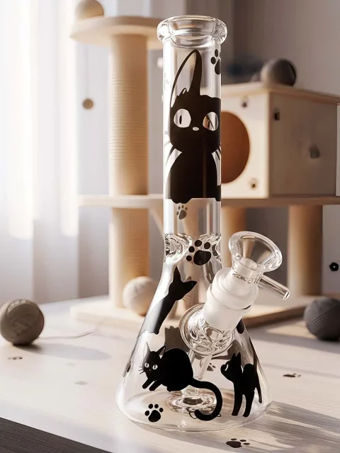 Minimal Black Cat Beaker Glass Bong | Dark Night Elf