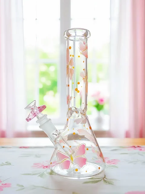 Pink Crystal Butterfly Beaker Glass Bong | Sweet & Girly Edition