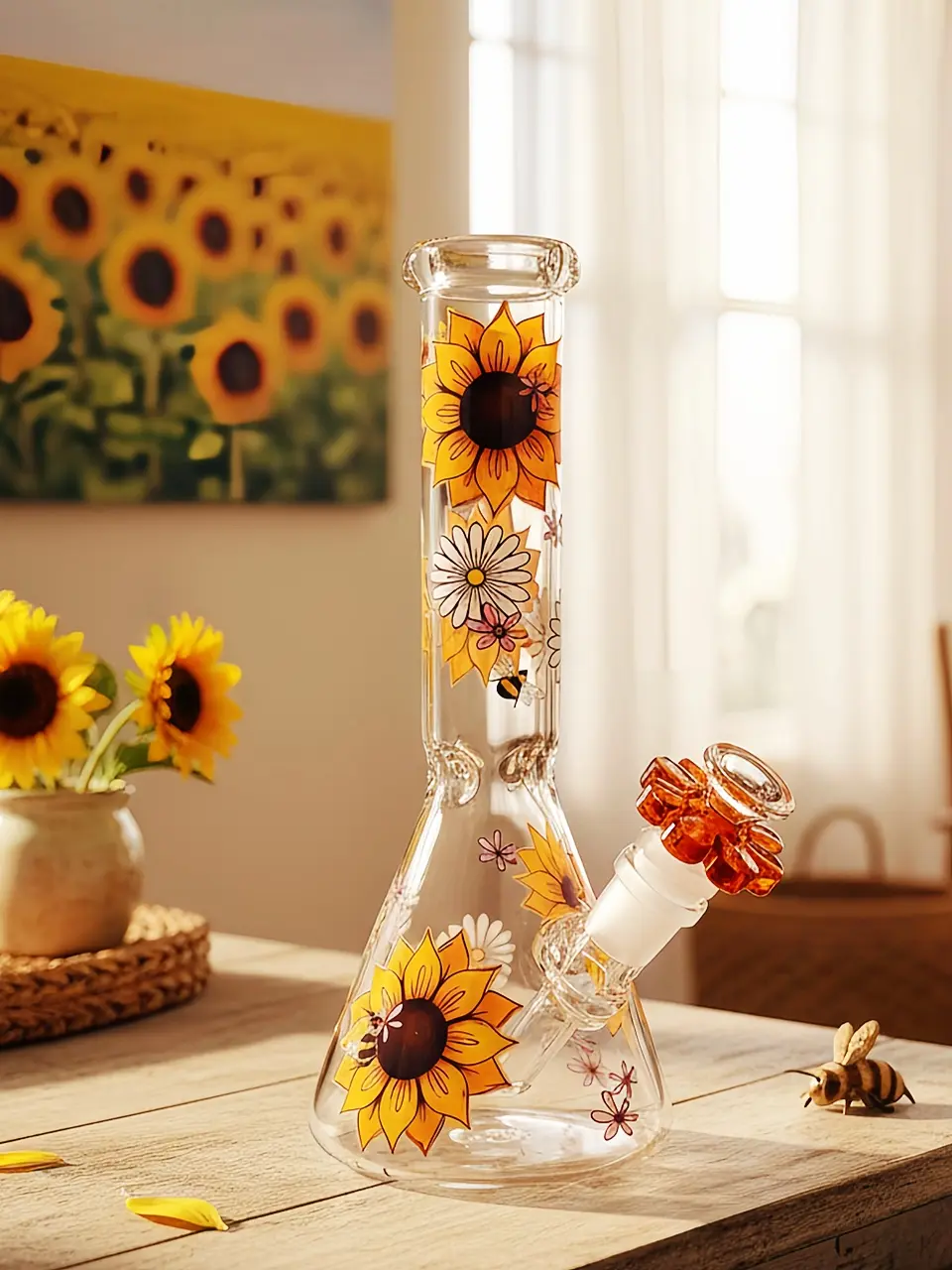 Sunflower Daisy & Bee Beaker Glass Bong | Autumn Quiet Garden