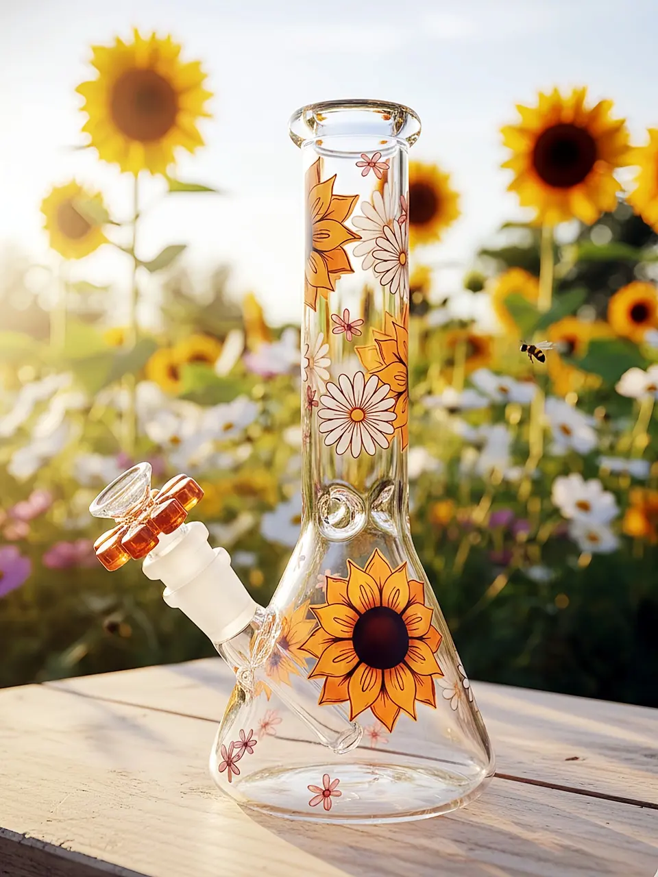 Sunflower Daisy & Bee Beaker Glass Bong | Autumn Quiet Garden