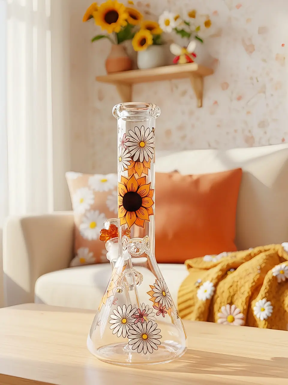 Sunflower Daisy & Bee Beaker Glass Bong | Autumn Quiet Garden