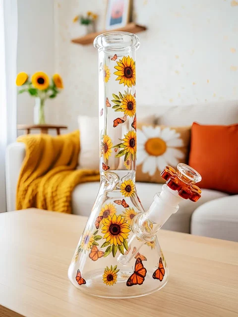 Sunflower & Butterfly Beaker Glass Bong | Golden Autumn Serenity Sunflower & Butterfly Beaker Glass Bong | Golden Autumn Serenity
