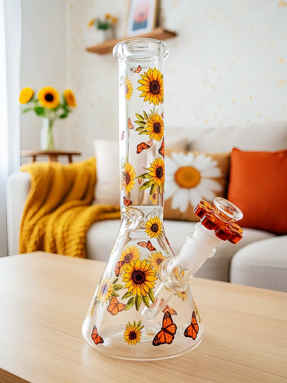 Sunflower & Butterfly Beaker Glass Bong | Golden Autumn Serenity