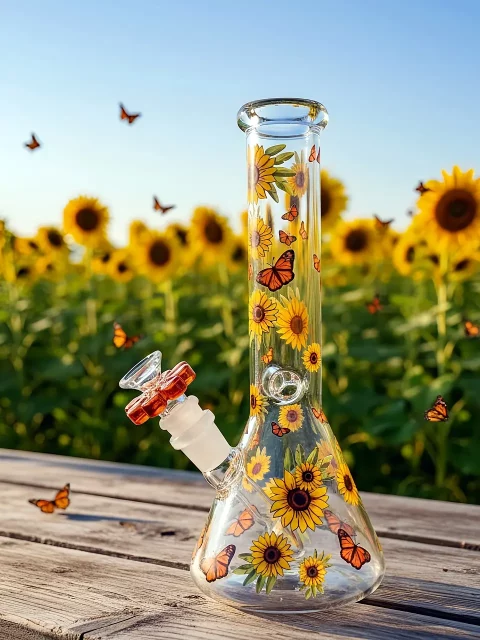 Sunflower & Butterfly Beaker Glass Bong | Golden Autumn Serenity