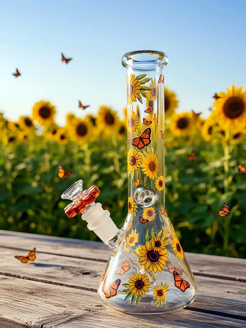 Sunflower & Butterfly Beaker Glass Bong | Golden Autumn Serenity