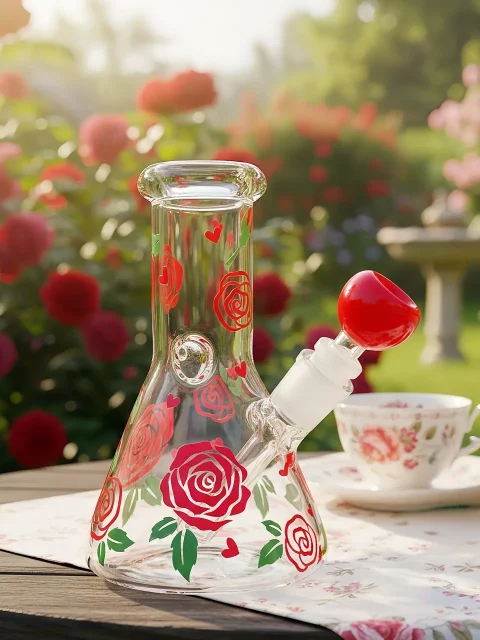 Whispering Red Roses Beaker Glass Bong | Vintage Garden Romance Whispering Red Roses Beaker Glass Bong | Vintage Garden Romance