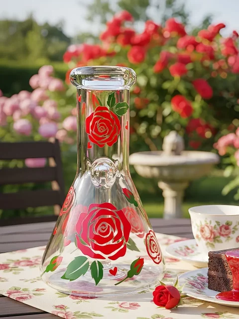 Whispering Red Roses Beaker Glass Bong | Vintage Garden Romance