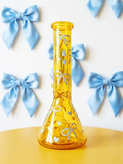 Blue Bow Amber Sunshine Beaker Glass Bong-2 Blue Bow Amber Sunshine Beaker Glass Bong