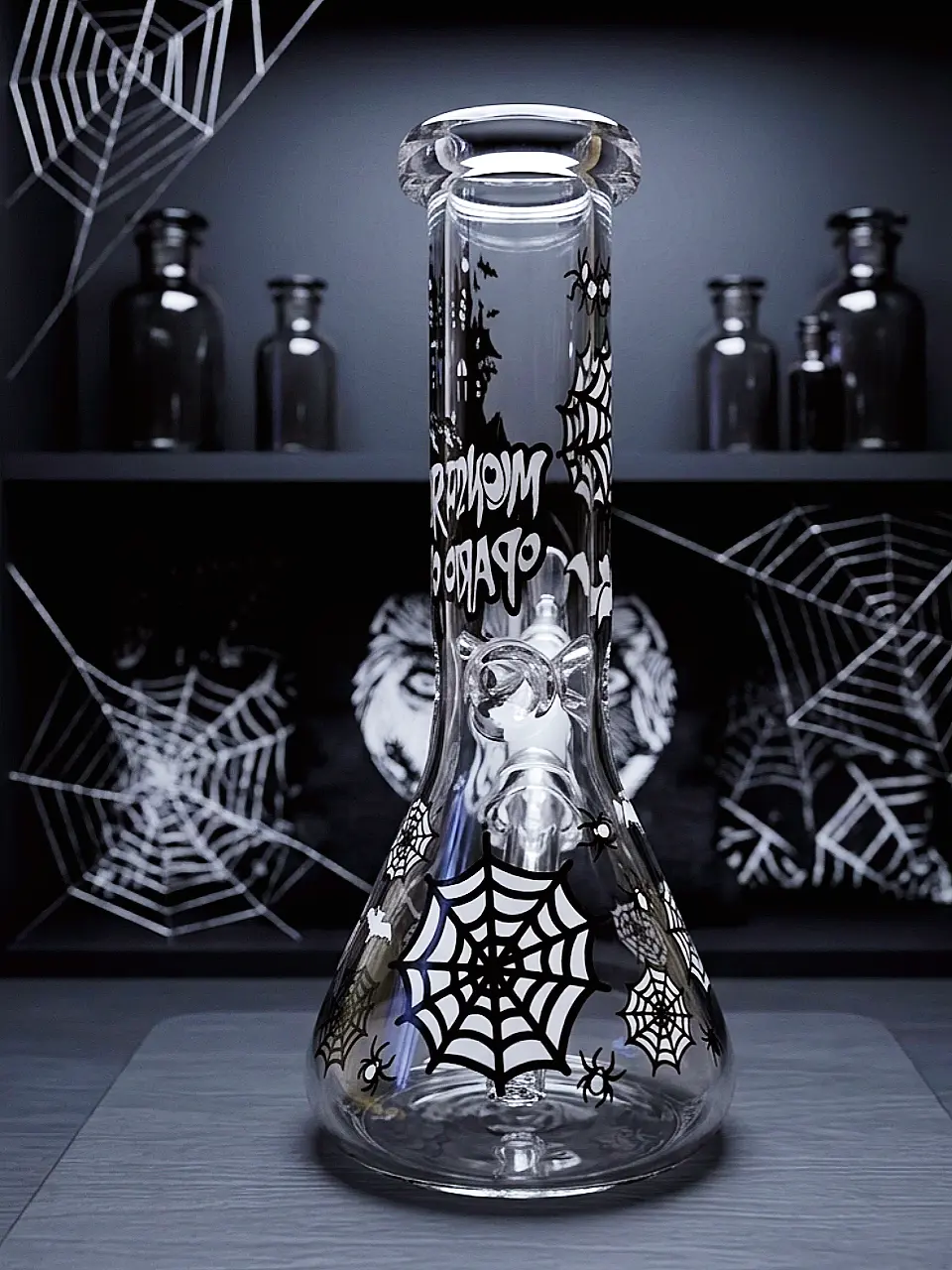 Gothic Castle & Spiderweb Glow Beaker Glass Bong