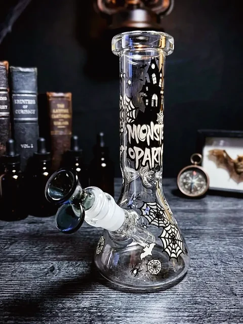 Gothic Castle & Spiderweb Glow Beaker Glass Bong